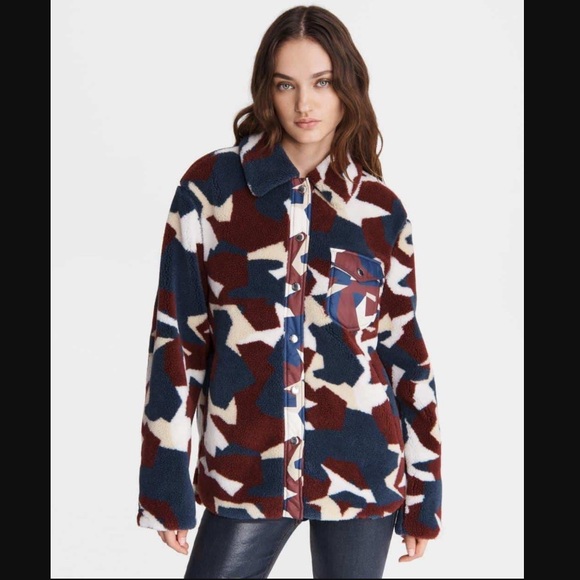 NWT rag & bone Elliot High Pile Sherpa Shirt Jacket in Burgundy Print - Picture 9 of 15